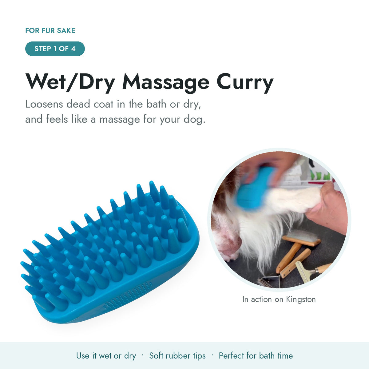Step 1, wet/dry massage curry brush loosening dead coat on a dog during bath time