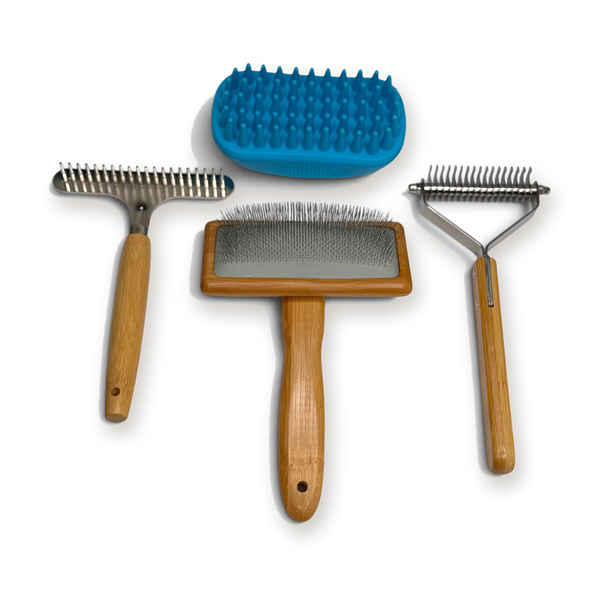 For Fur Sake Deshedding System: bamboo slicker brush, undercoat rake, deshedding tool and wet/dry massage curry
